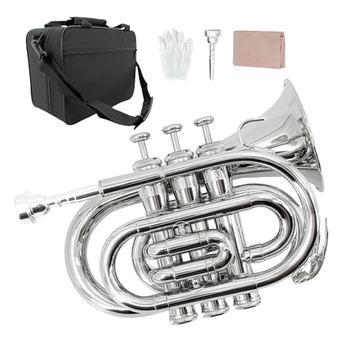 Conboxus Pocket Trumpet Brass Bb Flat Trumpet Portable with 7C Mouthpiece Hard Case Cleaning Kit Strap Gloves for Beginners Christmas Birthday Gift. (sliver)