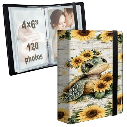 Image of Photo Album 4x6 120 Photos with Strong Elastic Band, Sunflower Turtle | Large Capacity Premium Leather Picture Album, Portable Wallet Albums Photo Book for Family Anniversaries Wedding Baby