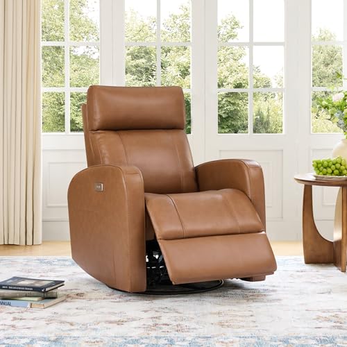 Image of CHITA Genuine Leather Power Swivel Glider Recliner Chair, Double Layer Backrest Truck Armrest Recliner Chair Sofa for Living Room-Saddle