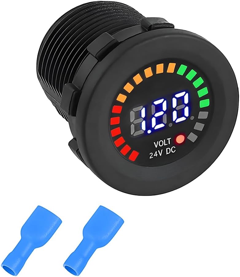 LED Car Voltage Meter, DC 24V Vehicle Digital Display Voltmeter Gauge Panel with Terminals, Round Automotive Battery Voltage Tester Accessories, Universal for SUV, Sedan, Truck