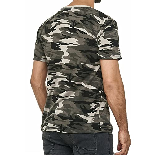 Camiseta de camuflaje con cuello redondo para hombre, diseño de camuflaje, atlética, manga corta, militar, cuello redondo, estilo vintage, Verde, Large