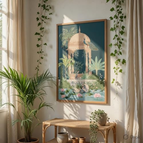 Image of Livin'luxe Royal Peacock Garden Wall Painting with Wooden Frame | Mughal Style Nature Artwork HD UV Laminated MDF Wall Decor | Elegant Peacock Botanical Art for Living Room Bedroom Decor