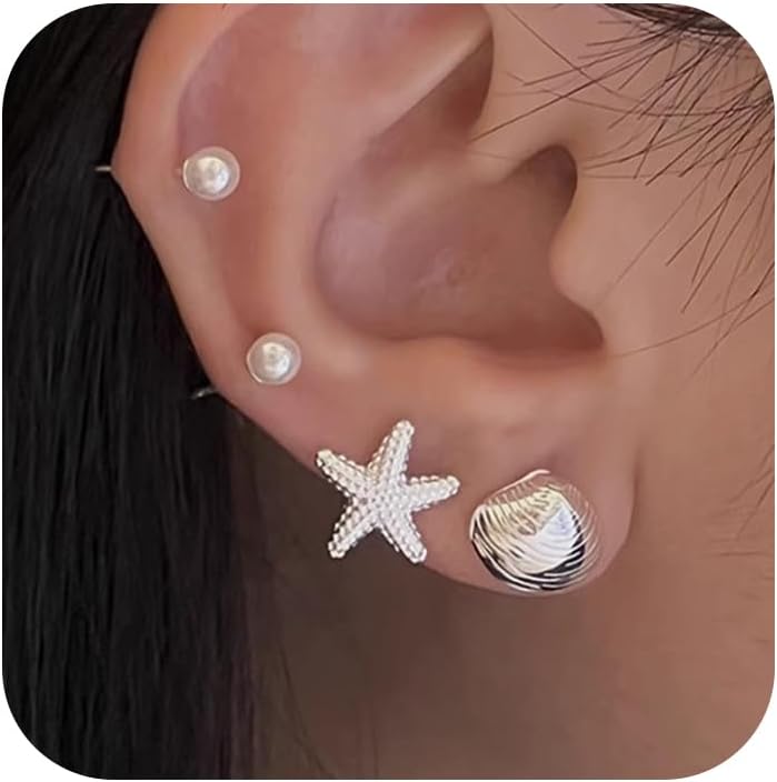 4Pairs Starfish Earrings for Women, 925 Sterling Silver Shell Pearl Stud Earring to Daughter Mother 14K Gold Plated Simple Dainty Beach Earrings Summer Trendy Beach Wedding Birthday Jewelry Gifts