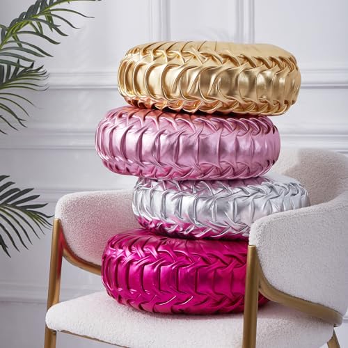 Image of EUCIOR Round Throw Pillows,Blush Pink Throw Pillow,Soft Spandex Fabric,Pumpkin Pleated Handmade Pink Metallic Round Decorative Pillow for Sofa Bedroom Livingroom