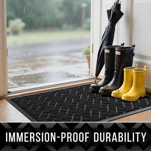 Yimobra Durable Front Door Mats, Heavy Duty Water Absorbent Mud Resistant Easy Clean Entry Outdoor Indoor Rugs,Non Slip Backing, Exterior Mats for Outside Patio Porch Farmhouse, 29.5 x 17, Black