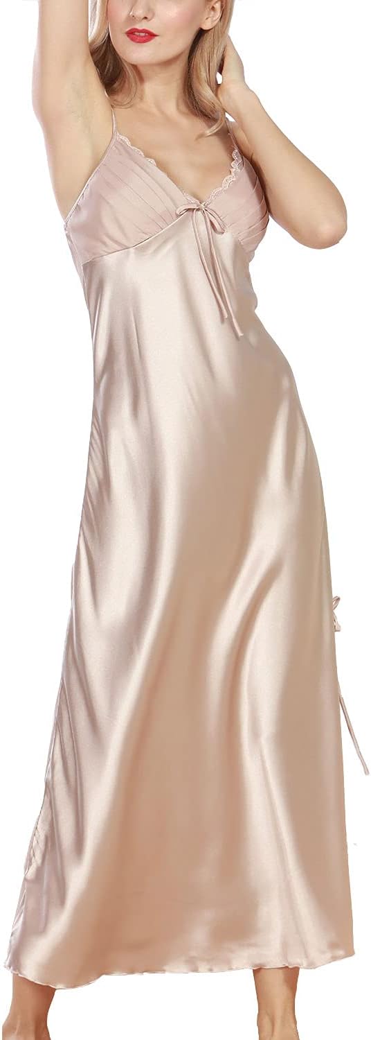 Lu's Chic Women's Satin Nightgown Dress Silk Lace Sleeveless Long Chemise Lingerie Sleepwear - Image 3