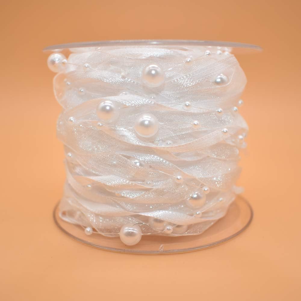 10M Artificial Bead Pearl Ribbon Chiffon Ribbon and Organza Lace Trims for Wedding Flower Christmas Tree Decoration Sewing Craft Packaging (White)