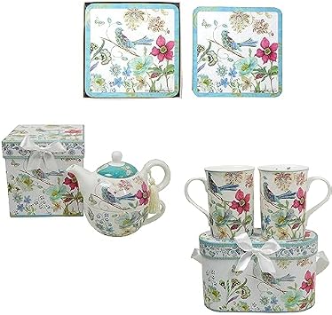Lightahead Exclusive Bundle Blue Bird Design of Bone China Tea for one set, Four Cork Coasters and Two Mug set