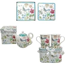 Lightahead Exclusive Bundle Blue Bird Design of Bone China Tea for one set, Four Cork Coasters and Two Mug set