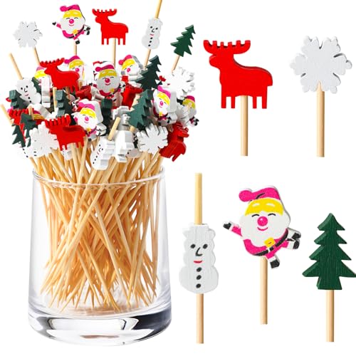 Bekeify Noël Cocktail Sticks 200Pcs Bâtonnets en Bois de Fruits 12cm Brochettes à Cocktail Cocktail Sticks Cure-Dents Bâtonnets Cocktail à Renne Brochettes père Noël pour Gâteau d'Noël Décoration