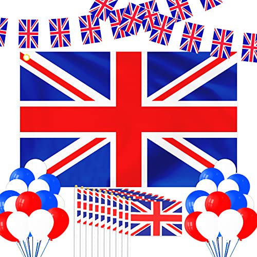 RMMD Union Jack Flags 41Pcs 5ftx3ft British Flag with Union Jack Bunting 32 ft 10Pcs Union Jack Flag on Stick 30Pcs Union Jack balloons Red/White/Blue