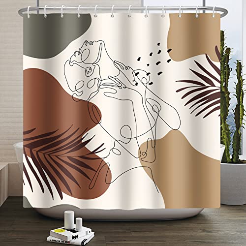 Bovlleetd 180x180cm Abstrait Boho Rideau De Douche Bohemian Botanical Mid Century Art Rideaux De Douche Feuille De Palmier Femme Baignade Salle De Bains Rideau Imperméable Rideau De Baignoire Cover