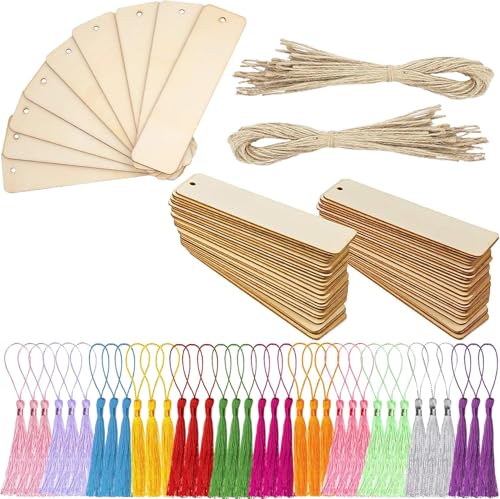 204Pcs Holz Blanko Lesezeichen Set, BetterJonny 72Pcs Lesezeichen aus Holz 60Pcs Bunten Quasten Rechteck Leeres Lesezeiche mit Löchern für DIY Lesezeiche Handwerk Geschenke Tag, 12x3,2 cm
