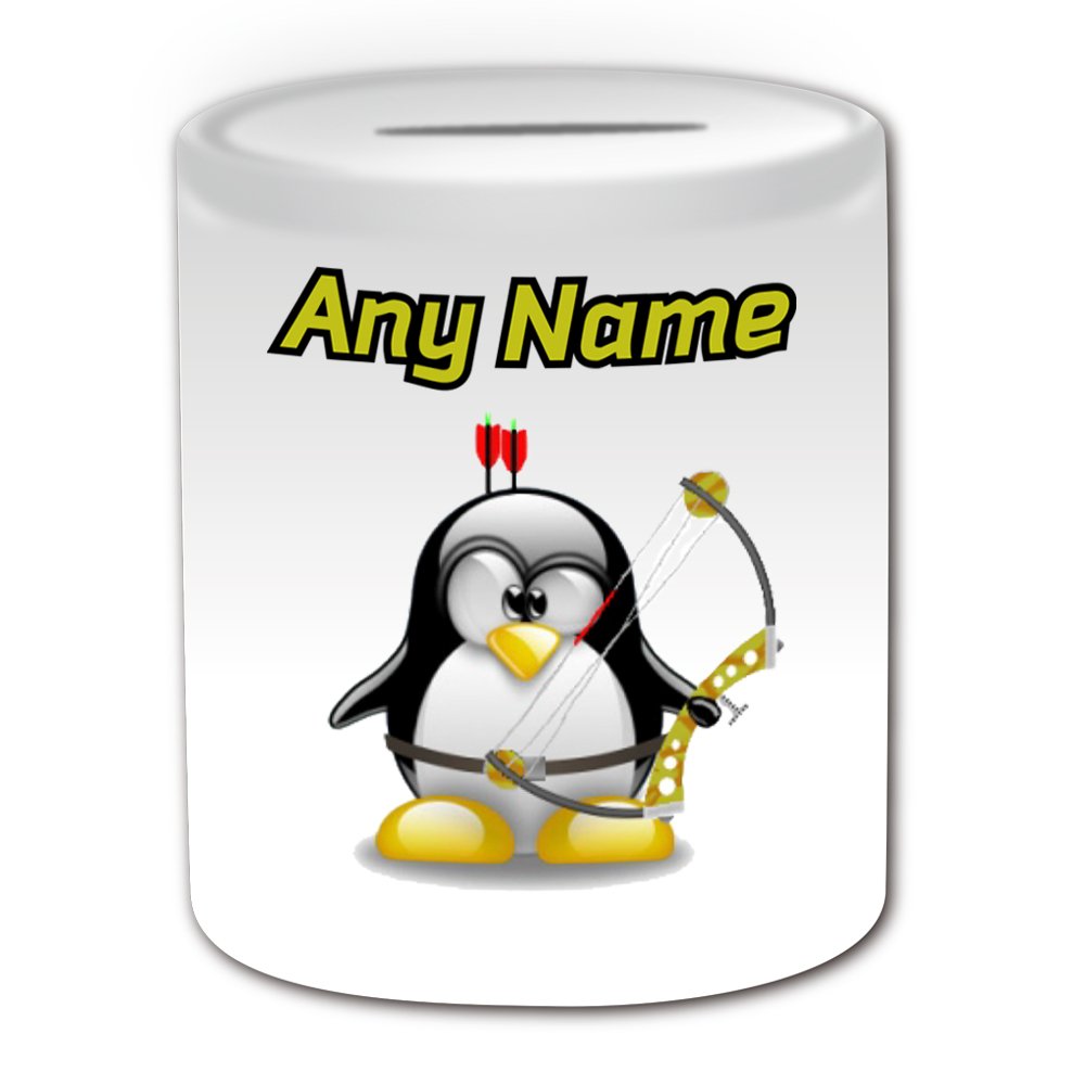 Personalised Gift - Archery Money Box (Penguin in Costume Design, White) Any Name Message Unique Saving Piggy Bank Funny Novelty Favourite Fancy Team Player Shoot Bow Arrow Archer Bowman Sport Hobby