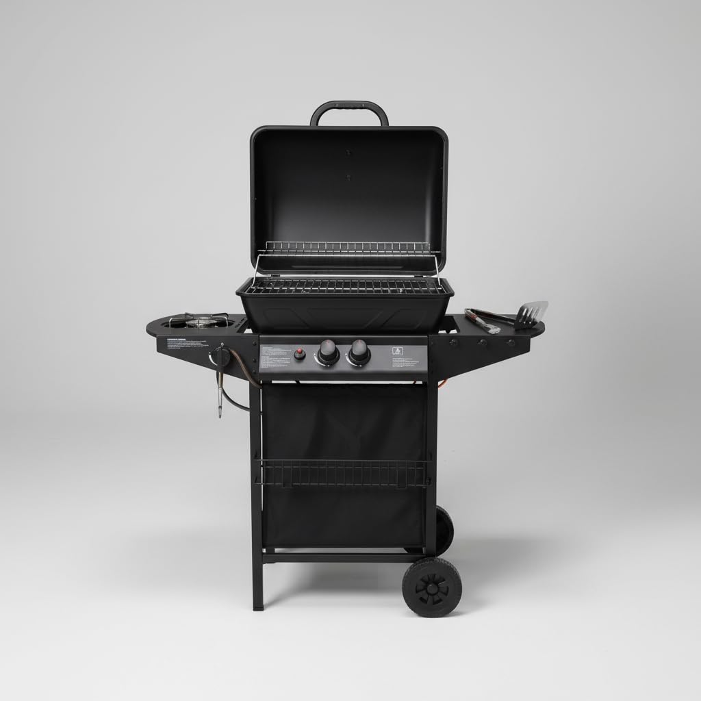 Barbecue a Gas 2 Bruciatori con Fornello Laterale – Griglia Rimovibile, Ripiani Laterali, Carrello con Ruote – BBQ da Giardino per Esterno, Compatto e Facile da Trasportare