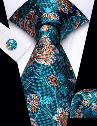 Image of YourTies Silk Paisley Floral Tie and Pocket Square Cufflinks with Lapel Pin Sets for Men 5PC Wedding Party