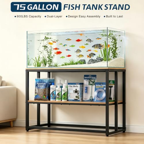 Image of 55-75 Gallon Fish Tank Stand 900LBS Capacity For Aquarium Metal Stand,Brown | Powder Metal Fish Tank Stand 48.4 inchx19.7 inchx31.5 inch Dual-Layer Design Terrarium Stand Ideal for Home and Office & Small Pet Shop