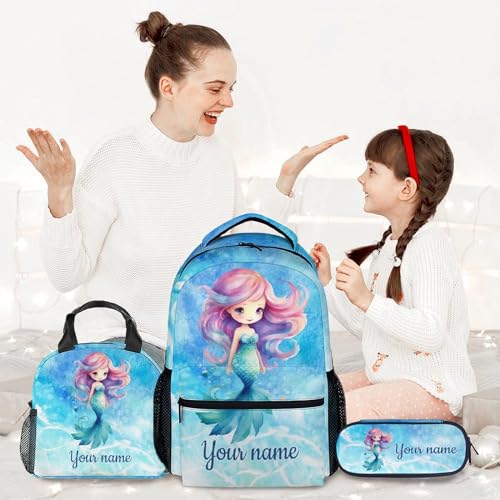 Custom Mermaid Kids Backpack Set, 3 in 1 School Backpacks Matching Combo with Lunch Box, Aesthetic Blue Middle High School Bookbag and Pencil Case Bundle2