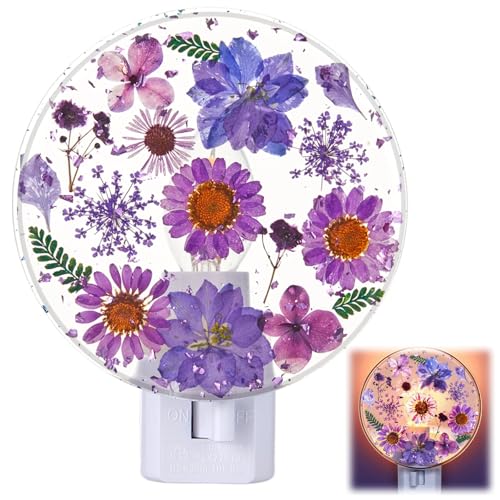 Image of Glooglitter Pressed Flower Night Light Plug in-Handmade Dried Floral Wall Night Light, Soft Glow Decorative Nightlight for Hallway Bedroom Nursery Bathroom, Vintage Botanical(Purple,Flower)