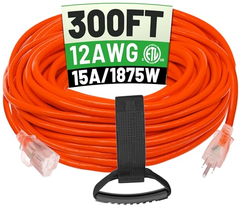 POWGRN 300 ft 12/3 Outdoor Extension Cord Waterproof Heavy Duty with Lighted End 12 Gauge 3 Prong Flexible Cold-Resistant Long Power Cord Outside 15Amp 1875W SJTW Orange ETL Listed