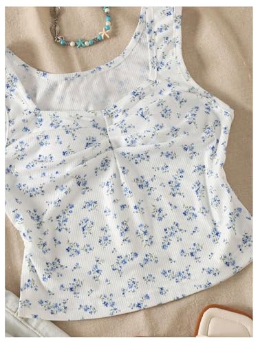 Girl's 2 Packs Ditsy Floral Sleeveless Tank Tops Ruched Ribbed Square Neck Cute Summer Top3
