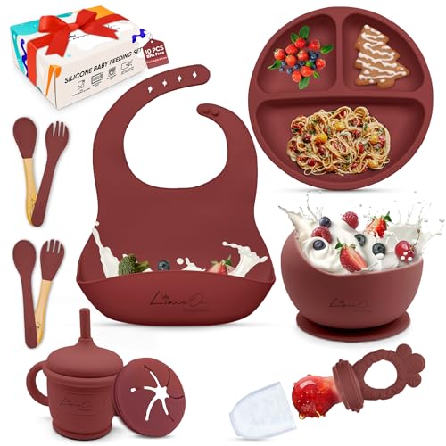 Image of 10 Pcs Silicone Baby Feeding Set - BPA-Free, Baby Led Weaning Supplies, Toddler plates and bowls Set – Empower Your Little One's Independence with LimOr's Baby utensils 6-12 months (Red-Wine)