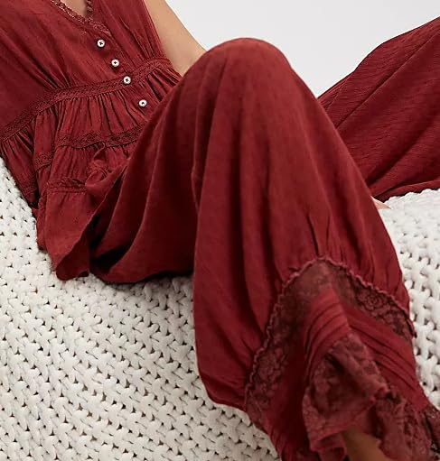 Image of UAURORAO Women Lace Trim Long Bloomers Elastic Mid Rise Ruffle Pantaloons Cropped Flared Slips Pants Pajama Bottoms(Wine Red,Small)