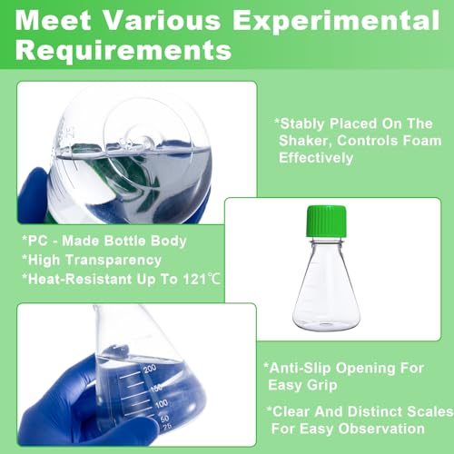 250ml Plastic Erlenmeyer Flask, 6Pcs 8oz Sterile Polycarbonate (PC) Conical Cell Culture Flask with Vent Cap for Lab Experiment Chemistry Science, Graduated, 0.22 μm PTFE, Flat Bottom