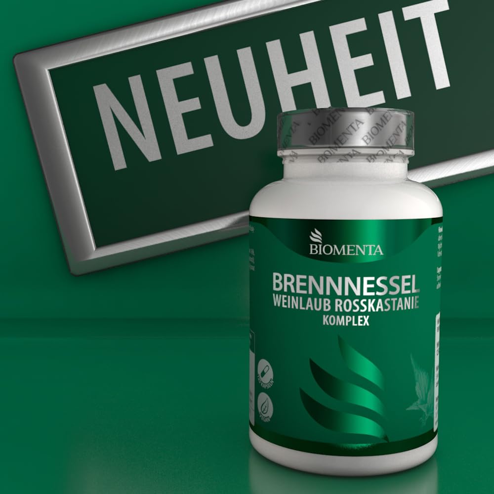 BIOMENTA Brennnessel + Weinlaub + Rosskastanie Komplex hochdosiert - 125 Kapseln synergetisch ergänzt mit Birkenblatt, Kupfer und Mangan - vegan - Premiumqualität
