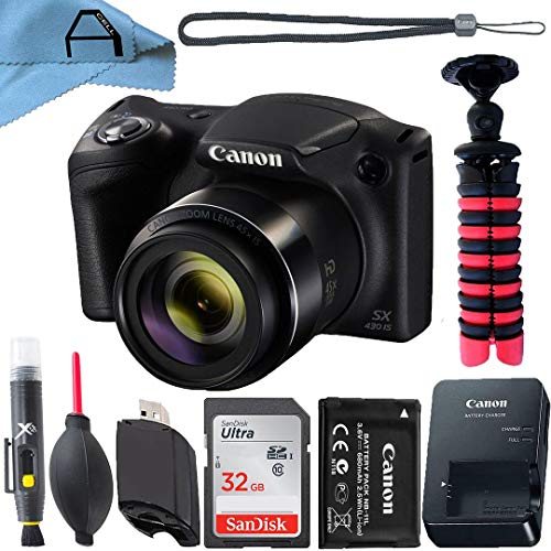 Canon PowerShot SX430 is 20MP Digital Camera 45x Optical Zoom with SanDisk 32GB Memory Card, Tripod and A-Cell Accessory Bundle (Black)