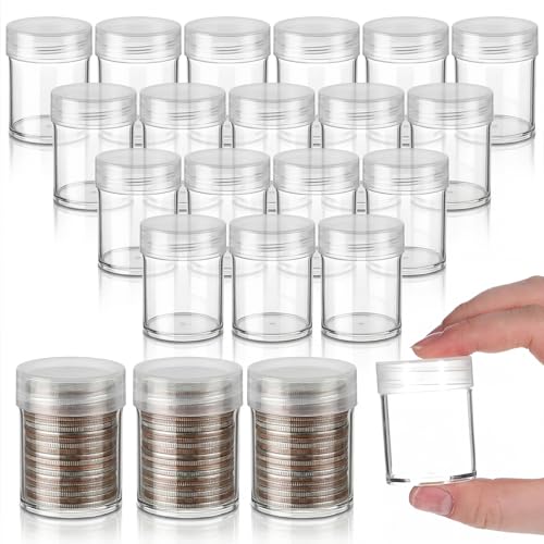 Oqqlin 30 Pcs Half Dollar Coin Tube 1.8 x 1.3 Inch Clear Plastic Coin Tubes Half Dollar Tubes with Screw Lid for Coins Collection Home Shop