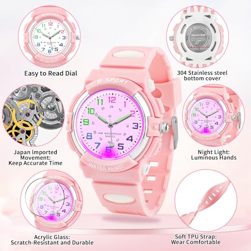 DTKID Montre Enfant Analogique Quartz, 7 Lumières, Étanche 30M – vue 4
