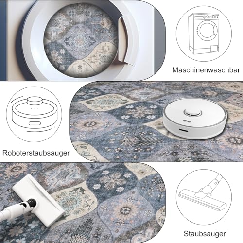 Xfrog Boho Blumen Teppich - Rutschfester Waschbarer Ultraweicher Antiker Flächenteppich Mit Niedrigem Flor für Wohnzimmer, Schlafzimmer… – Ansicht 5