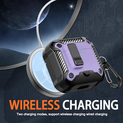 Image of Compatible with AirPods 4 Case with Phone Stand,Automatic Snap Switch Lock,Carbon Fiber Texture Design Cover with Cleaner Kit (Purple,for AirPods 4)