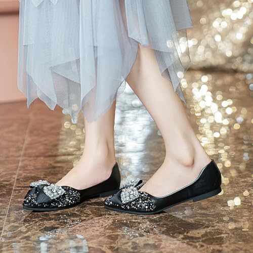 Women's Pointed Toe Rhinestone Bow Flats Comfortable Soft Slip on Low Heel Wedding Dress Shoes Sparkly Ballet Flats4