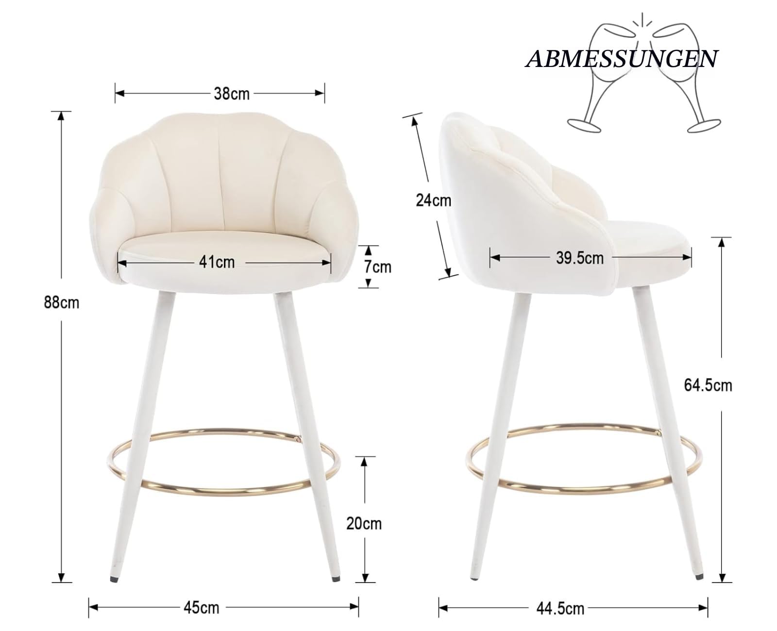 chairus Barstuhl 2er Set Samt Küchenhocker muschelform mit Lehne Beige | Modern Tresenhocker Gepolstert Barstuhl mit Metallbeine, Bistrohocker mit Fußstütze für Küche Hausbar Esszimmer