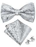 Gusleson Mens Light Grey Bow Tie Pocket Square Set for Wedding Pre-Tied Silver Paisley Bowties Handkerchief Cufflinks for Party (UK0497-13)