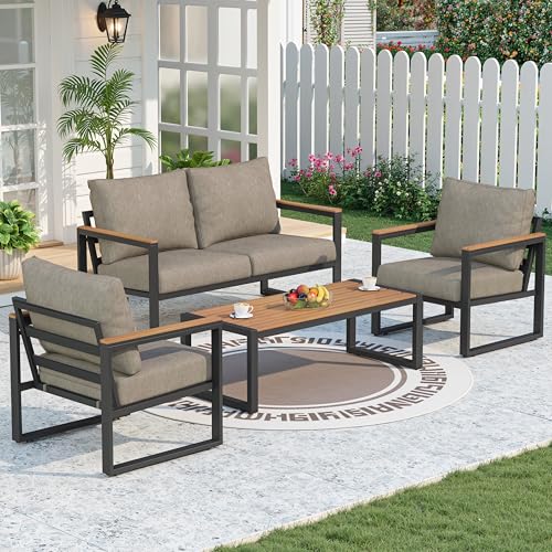 Image of Patio Furniture Set, 4 Pieces Outdoor Patio Furniture with Coffee Table Set, Metal Patio Conversation Sets with Washable and High-Resiliency Sponge Cushions,Coffee