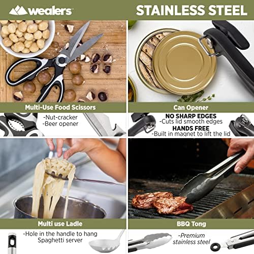 Wealers Camp Kitchen Utensil Organizer Travel Set Portable BBQ Camping Cookware Utensils Travel Kit Water Resistant Case|Cutting Board|Rice Paddle|Tongs|Scissors|Knife and Bottle Opener