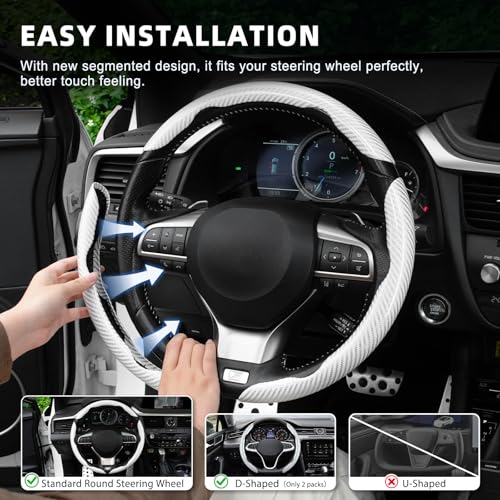 Image of Amiss 3pcs Carbon Fiber Anti-Skid Steering Wheel Cover, Waterproof Design, Universal Fit for 14-16 Inch Car Wheel Cover, Interior Car Accessories for Jeeps, SUVs, Trucks (Glossy White)