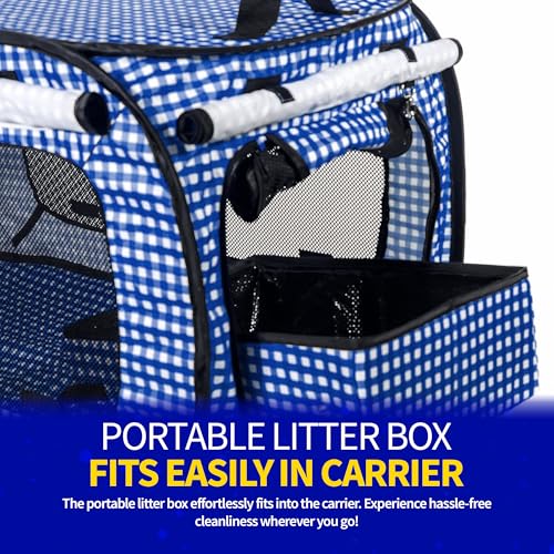 Image of Pet Fit For Life Extra Large Cat Carrier for Travel - Foldable & Portable Collapsible Kennel with Litter Box, Feather Toy & Water /Food Bowl - Ideal for Cars, Long Trips & Indoor Cats - Blue Checkers