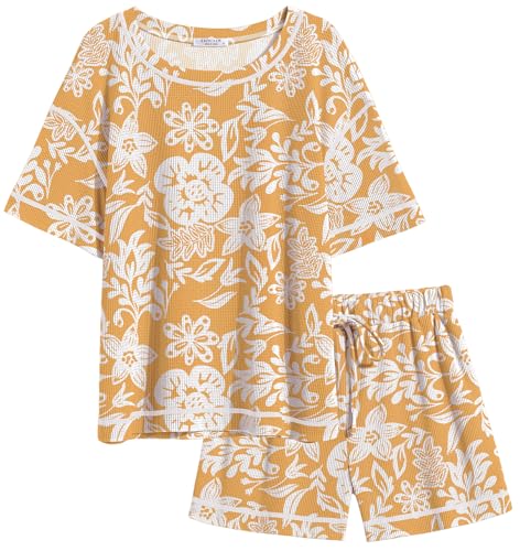 Image of Ekouaer Women's Waffle Knit Two Piece Lounge Set, Soft Matching Outfits for Daily Wear, Casual Shorts Set with Pocket