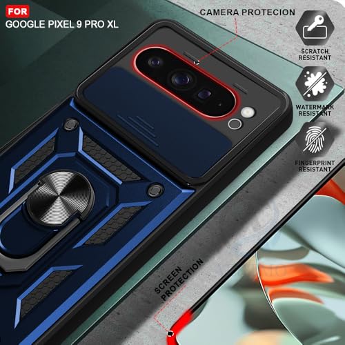 Image of AESTMO Tough Armor Google Pixel 9 Pro XL Bumper Back Case Cover | Ring Holder & Sliding Camera Shield Cover | 360 Degree Protection Back Case Cover for Google Pixel 9 Pro XL (Blue)