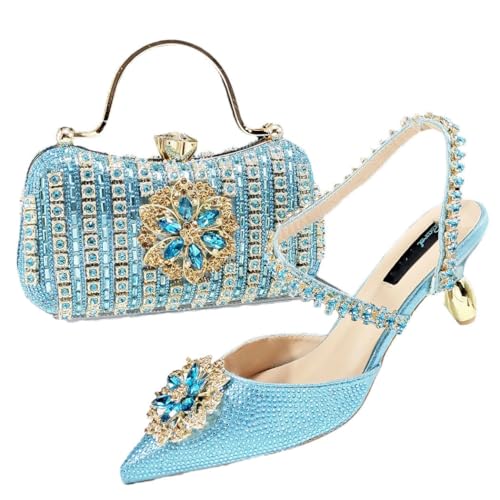 Ensemble de sacs dorés à talons en strass style nigérian femme bleu ciel 42.5
