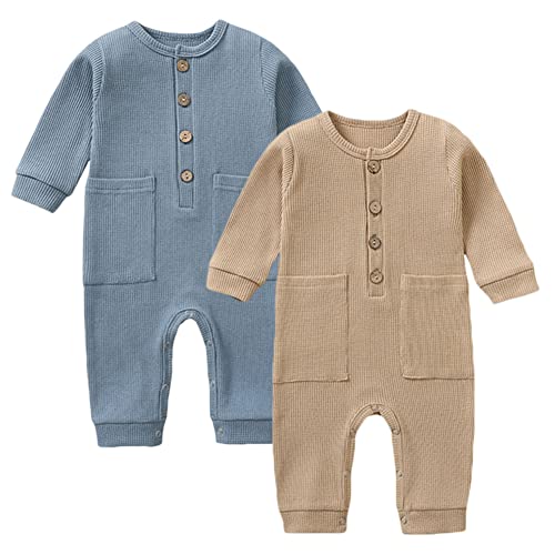 Image of Yookoom Baby Boys Girls 2 Pack Solid Romper Waffle Long Sleeve One-Piece Cotton Jumpsuit Outfits Clothes