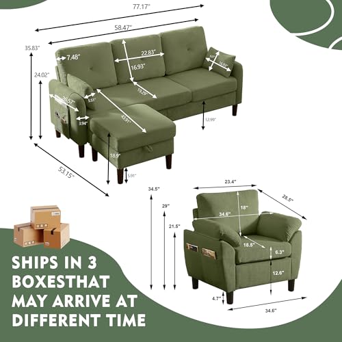 Image of 3 Pieces Sofa Set for Living Room with Sofa, Storage Ottoman and Single Chair