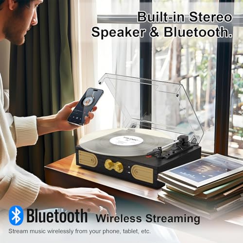 Image of Vinyl Record Player with Speakers, Bass Control, 3-Speed Turntable