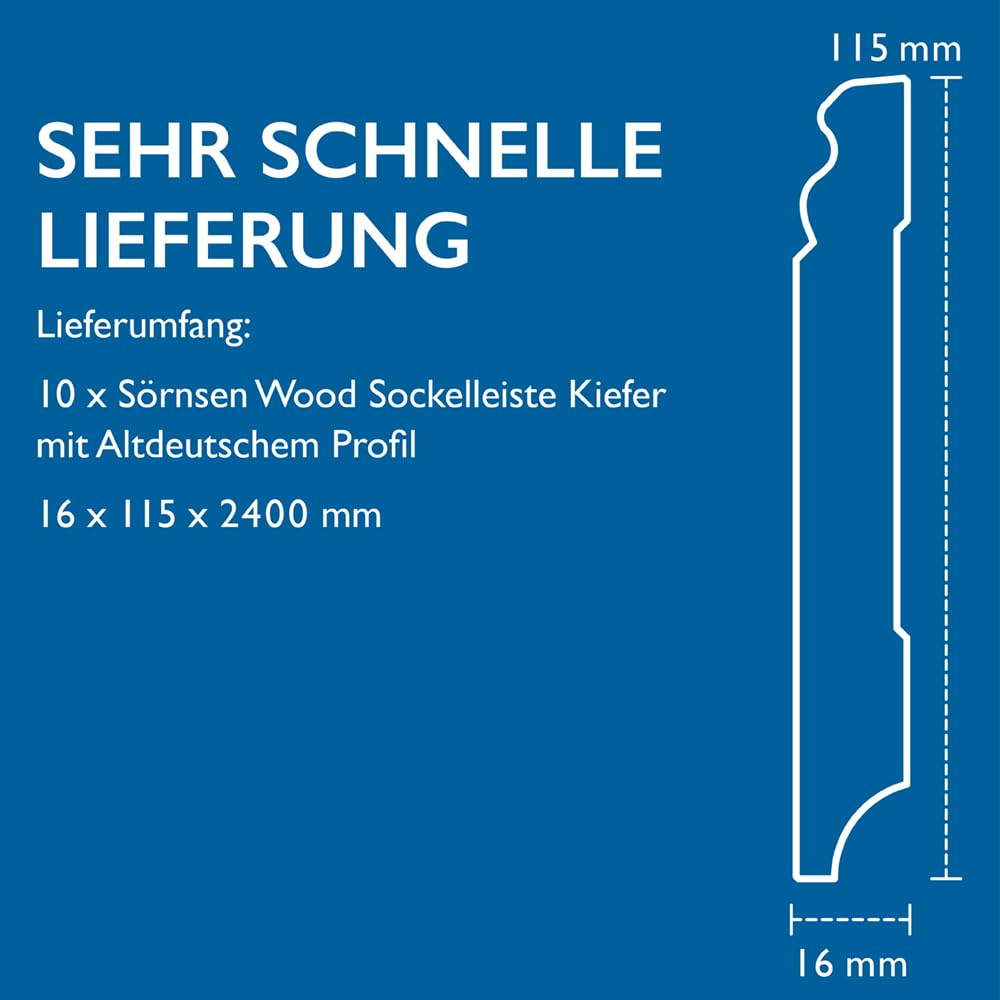 Sockelleiste Kiefer – 16x115x2400 mm, 10 Stück, weiß RAL 9016 lackiert