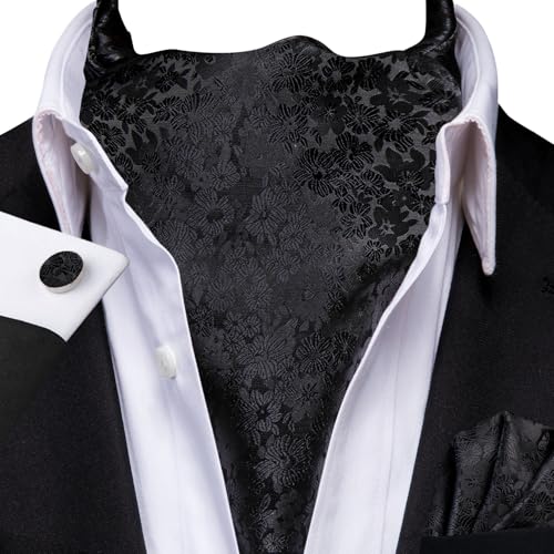 Image of Hi-Tie Silk Ascot for Men Self Tie Men's Cravat and Flower Lapel Pin Handkerchief Cufflinks Set for Wedding Party