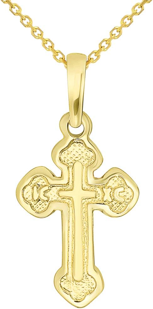 Solid 14k Yellow Gold Small Eastern Orthodox Cross with IC XC Charm Pendant Necklace